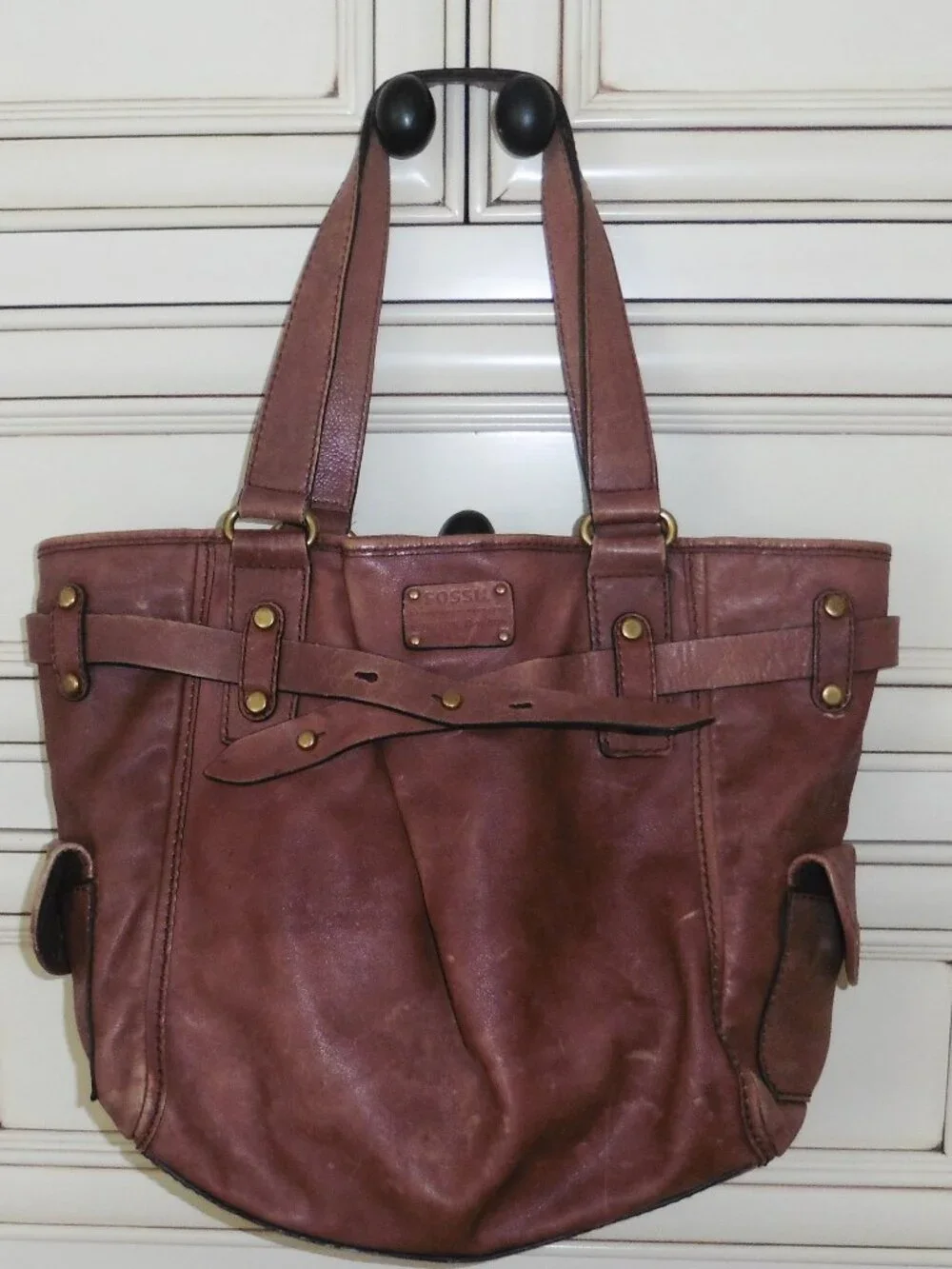 Fossil Large Long Live Vintage Brown Distressed Rustic Worn Leather Bag Purse